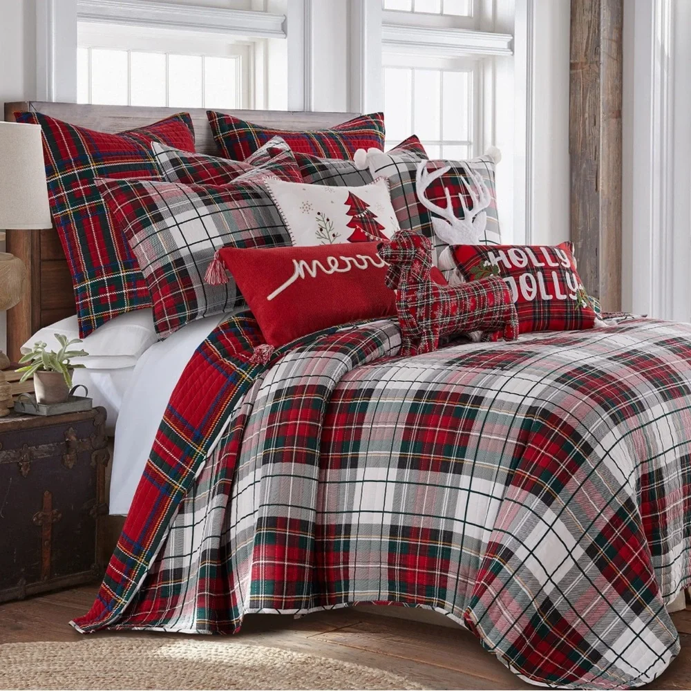 🆕 PB Style Christmas Tartan Plaid Quilt Stewart Print in King Bedding SET shams